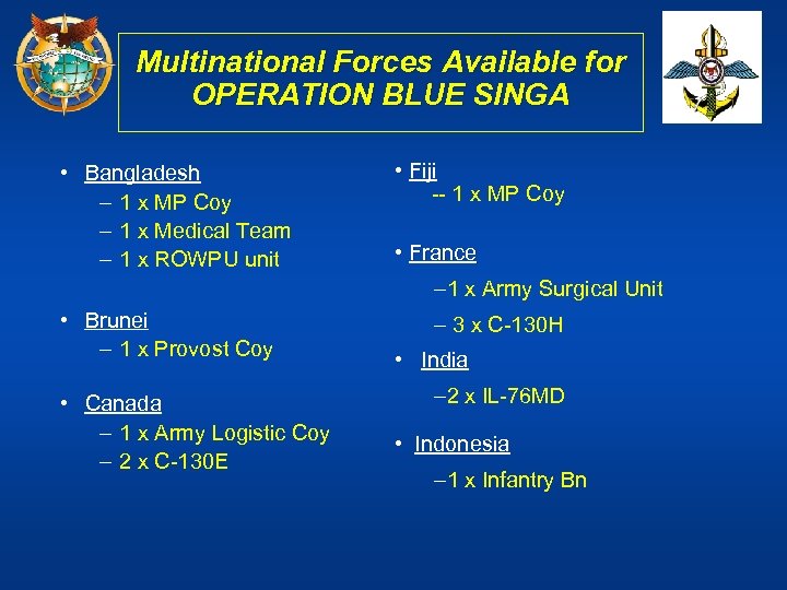 Multinational Forces Available for OPERATION BLUE SINGA • Bangladesh – 1 x MP Coy