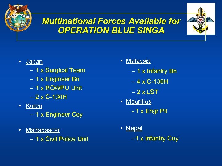 Multinational Forces Available for OPERATION BLUE SINGA • Japan – 1 x Surgical Team