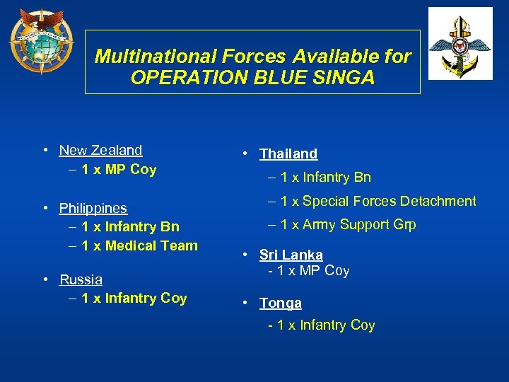 Multinational Forces Available for OPERATION BLUE SINGA • New Zealand – 1 x MP