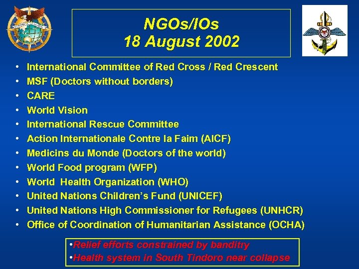 NGOs/IOs 18 August 2002 • • • International Committee of Red Cross / Red