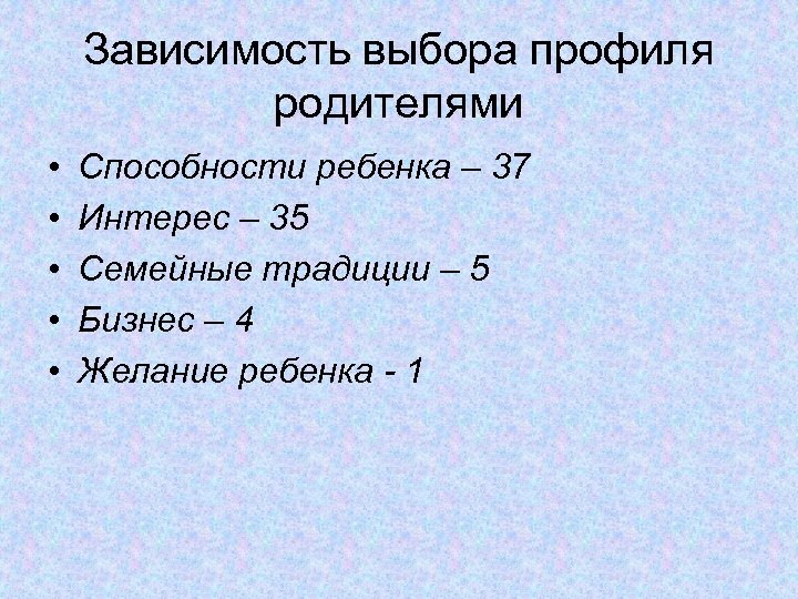 Зависимость выбора профиля родителями • • • Способности ребенка – 37 Интерес – 35