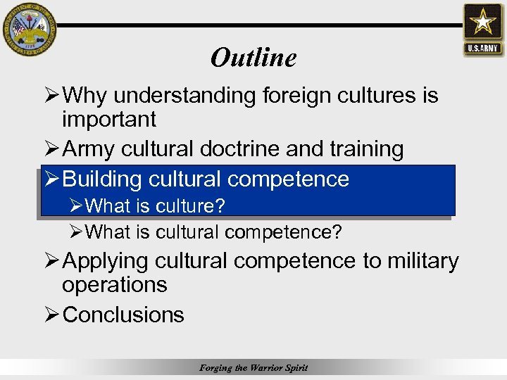 Outline Ø Why understanding foreign cultures is important Ø Army cultural doctrine and training