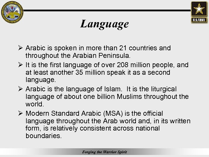 Language Ø Arabic is spoken in more than 21 countries and throughout the Arabian