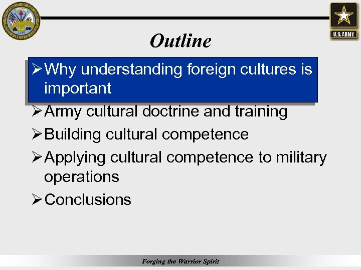 Outline Ø Why understanding foreign cultures is important Ø Army cultural doctrine and training