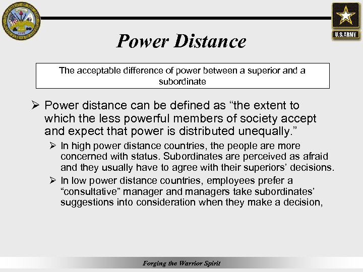 Power Distance The acceptable difference of power between a superior and a subordinate Ø
