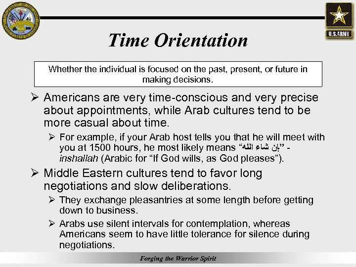 Time Orientation Whether the individual is focused on the past, present, or future in
