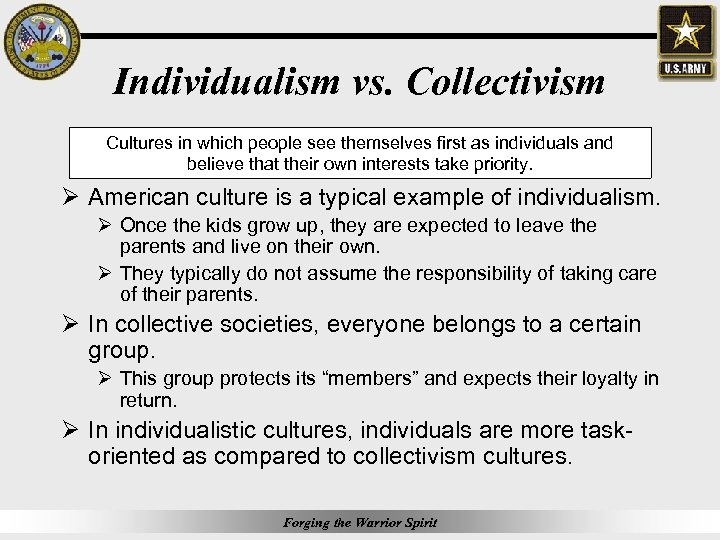 Individualism vs. Collectivism Cultures in which people see themselves first as individuals and believe