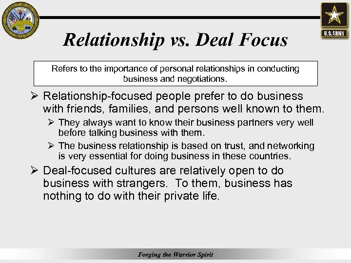 Relationship vs. Deal Focus Refers to the importance of personal relationships in conducting business