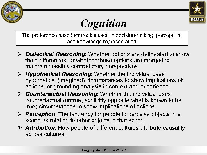 Cognition The preference based strategies used in decision-making, perception, and knowledge representation Ø Dialectical