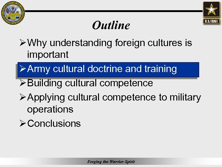 Outline Ø Why understanding foreign cultures is important Ø Army cultural doctrine and training