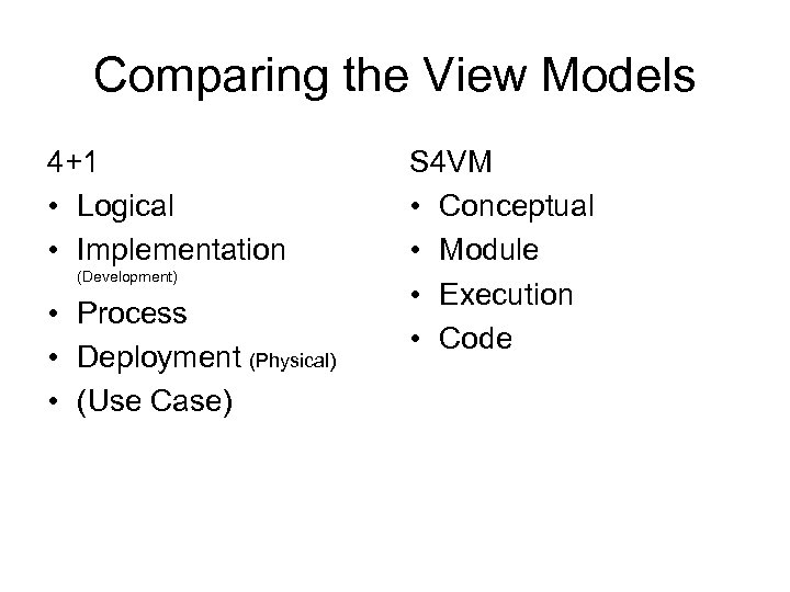 Comparing the View Models 4+1 • Logical • Implementation (Development) • Process • Deployment