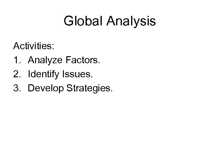 Global Analysis Activities: 1. Analyze Factors. 2. Identify Issues. 3. Develop Strategies. 