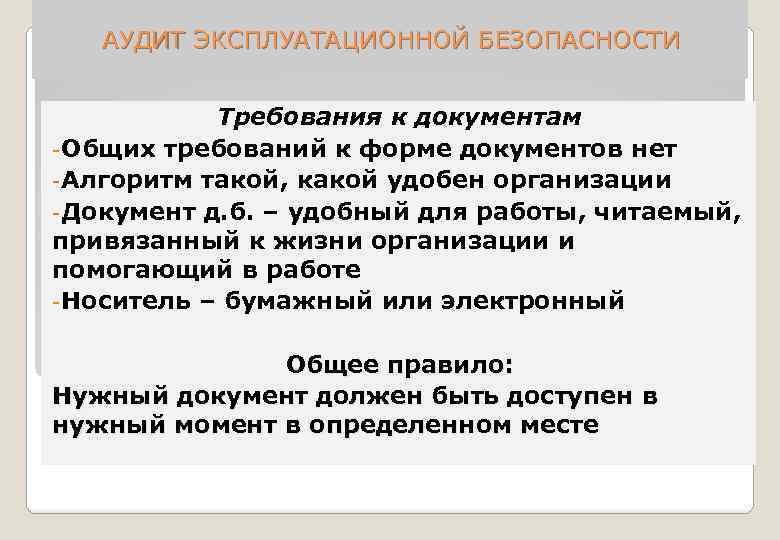 АУДИТ ЭКСПЛУАТАЦИОННОЙ БЕЗОПАСНОСТИ Требования к документам -Общих требований к форме документов нет -Алгоритм такой,