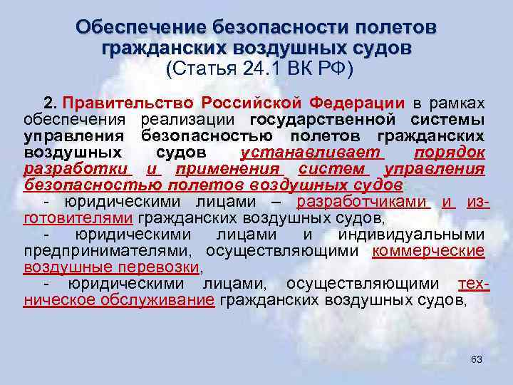 Обеспечение безопасности полетов гражданских воздушных судов (Статья 24. 1 ВК РФ) 2. Правительство Российской