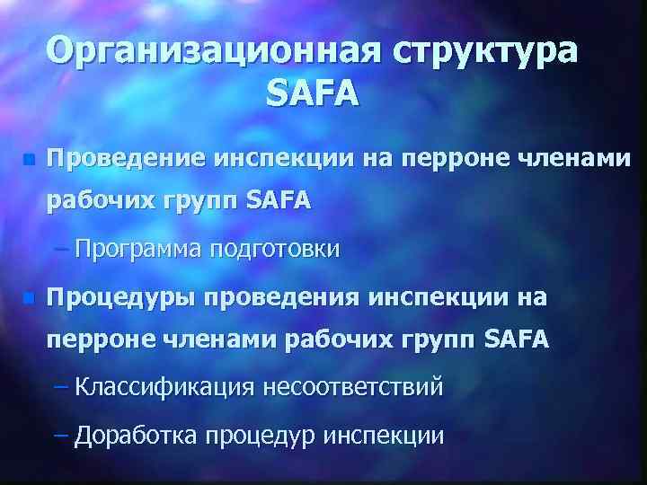 Организационная структура SAFA n Проведение инспекции на перроне членами рабочих групп SAFA – Программа