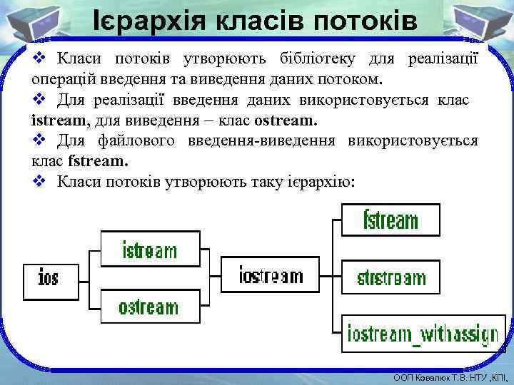 Ієрархія класів потоків v Класи потоків утворюють бібліотеку для реалізації операцій введення та виведення