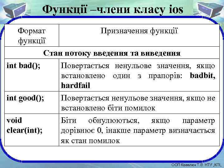 Функції –члени класу ios Формат Призначення функції Стан потоку введення та виведення int bad();