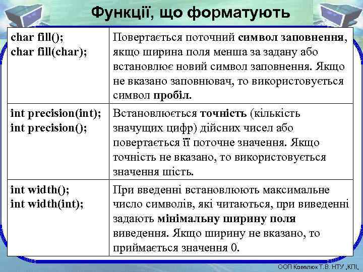 Функції, що форматують char fill(); char fill(char); Повертається поточний символ заповнення, якщо ширина поля