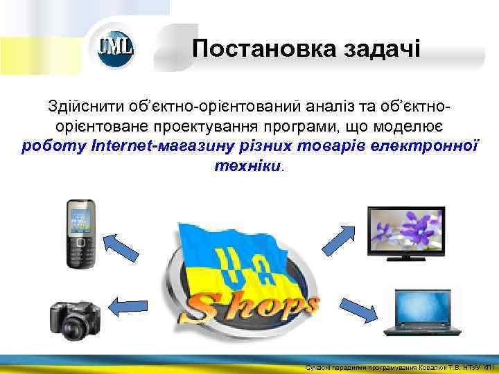 Постановка задачі Здійснити об’єктно-орієнтований аналіз та об’єктноорієнтоване проектування програми, що моделює роботу Internet-магазину різних