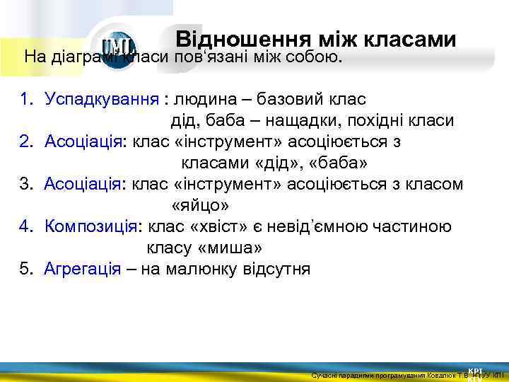 Відношення між класами На діаграмі класи пов‘язані між собою. 1. Успадкування : людина –