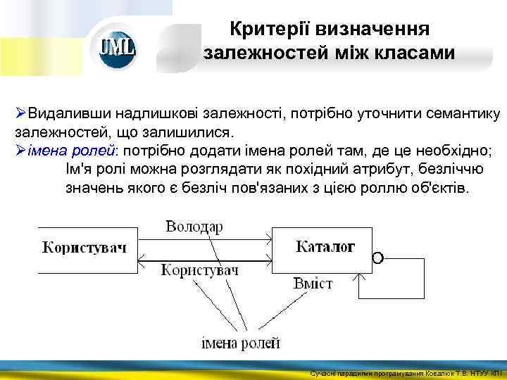 Критерії визначення залежностей між класами ØВидаливши надлишкові залежності, потрібно уточнити семантику залежностей, що залишилися.