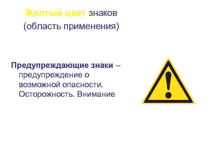 Желтый цвет знаков (область применения) Предупреждающие знаки – предупреждение о возможной опасности. Осторожность. Внимание