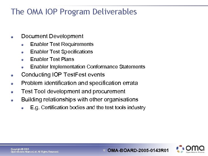 The OMA IOP Program Deliverables Document Development Enabler Test Requirements Enabler Test Specifications Enabler