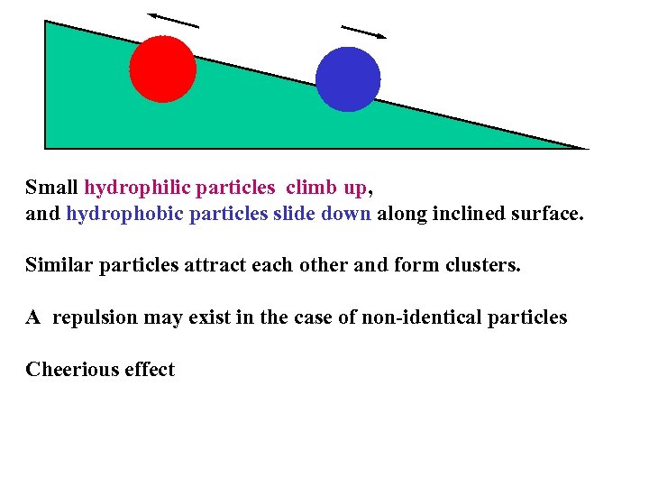 Small hydrophilic particles climb up, and hydrophobic particles slide down along inclined surface. Similar