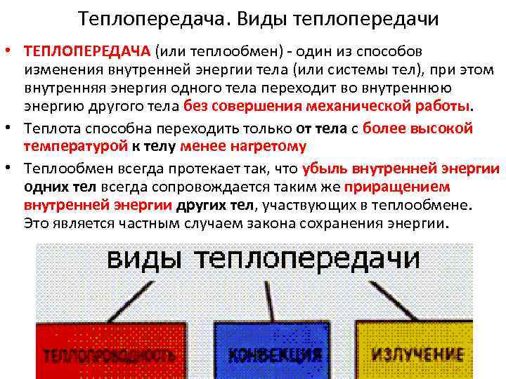 Теплопередачи сопровождается переносом вещества. Способы изменения внутренней энергии. Работа и теплопередача как способы изменения внутренней энергии. Виды теплообмена термодинамика. Работа и теплоотдача как способы изменения внутренней энергии.