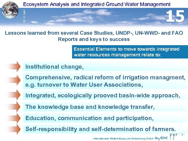 Ecosystem Analysis and Integrated Ground Water Management Dr. H. Kehl 15 Lessons learned from