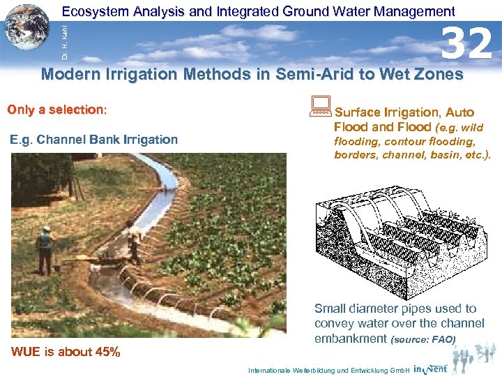 Ecosystem Analysis and Integrated Ground Water Management Dr. H. Kehl 32 Modern Irrigation Methods