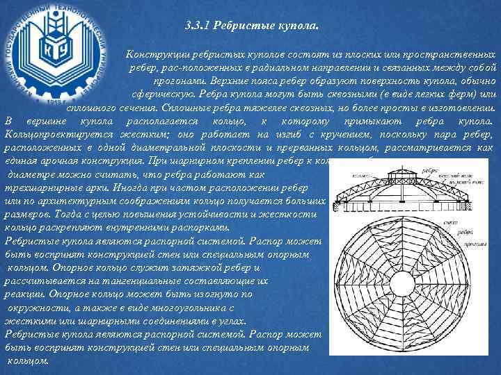 3. 3. 1 Ребристые купола. Конструкции ребристых куполов состоят из плоских или пространственных ребер,