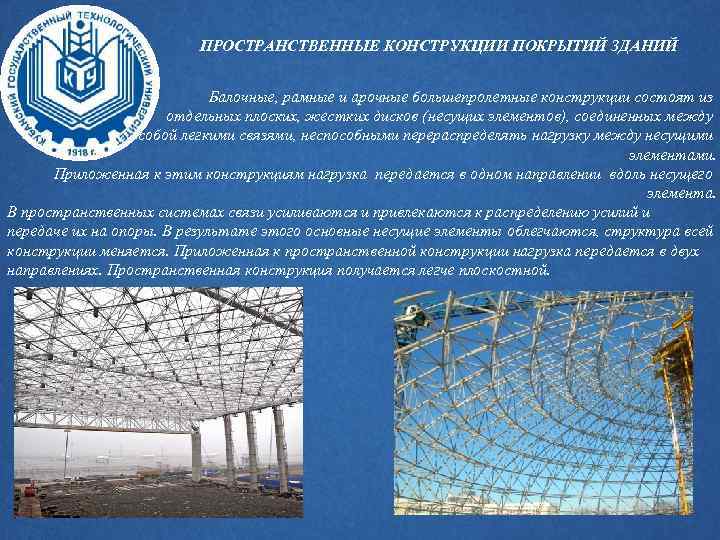 ПРОСТРАНСТВЕННЫЕ КОНСТРУКЦИИ ПОКРЫТИЙ ЗДАНИЙ Балочные, рамные и арочные большепролетные конструкции состоят из отдельных плоских,