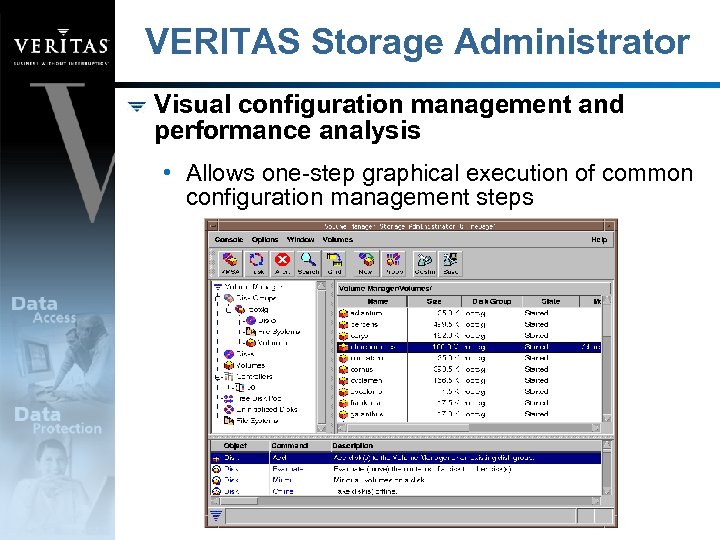 VERITAS Storage Administrator Visual configuration management and performance analysis • Allows one-step graphical execution