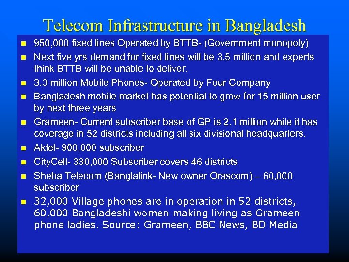 Telecom Infrastructure in Bangladesh n n n n n 950, 000 fixed lines Operated