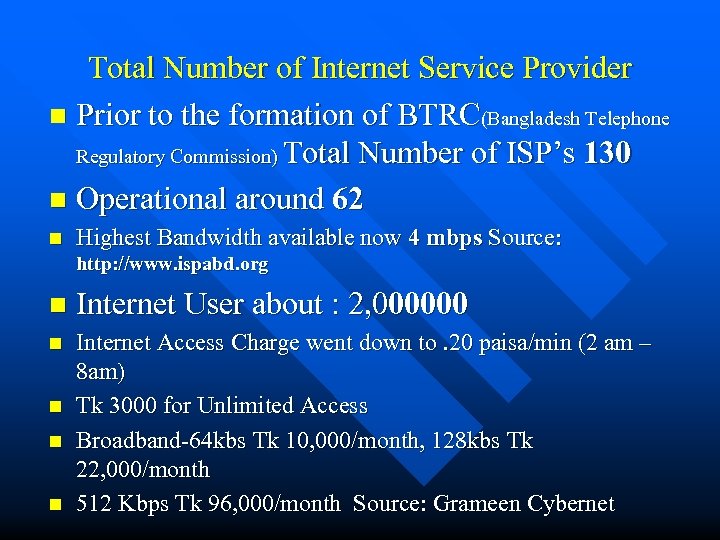 Total Number of Internet Service Provider n Prior to the formation of BTRC(Bangladesh Telephone