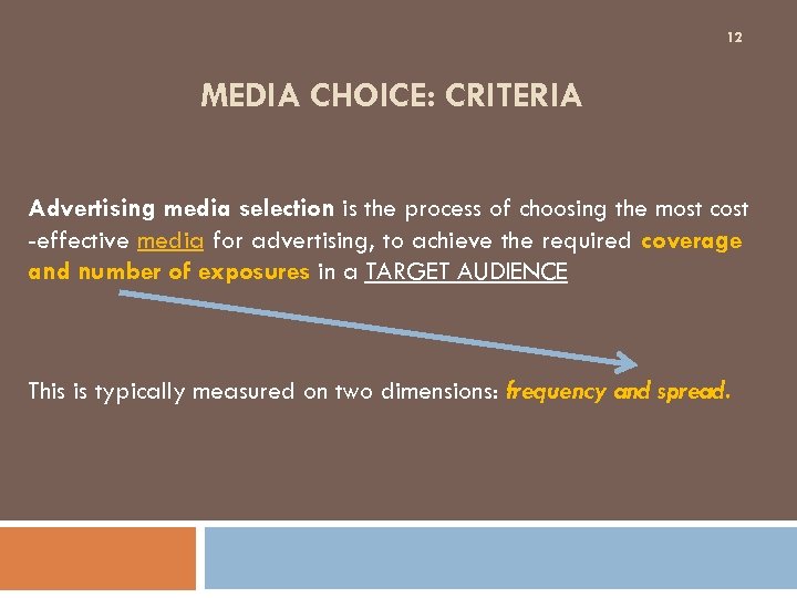 12 MEDIA CHOICE: CRITERIA Advertising media selection is the process of choosing the most