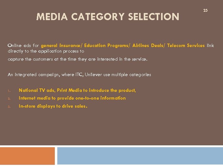 MEDIA CATEGORY SELECTION 25 Online ads for general insurance/ Education Programs/ Airlines Deals/ Telecom