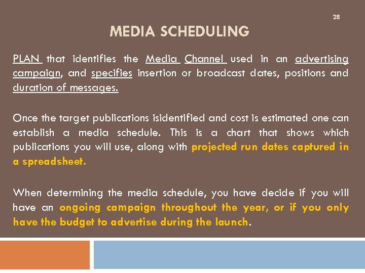 28 MEDIA SCHEDULING PLAN that identifies the Media Channel used in an advertising campaign,