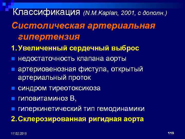 Классификация (N. M. Kaplan, 2001, с дополн. ) Систолическая артериальная гипертензия 1. Увеличенный сердечный