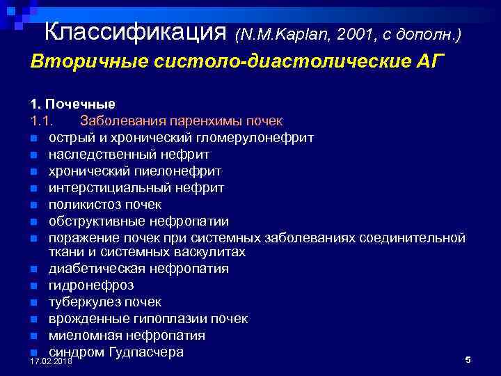 Классификация (N. M. Kaplan, 2001, с дополн. ) Вторичные систоло-диастолические АГ 1. Почечные 1.