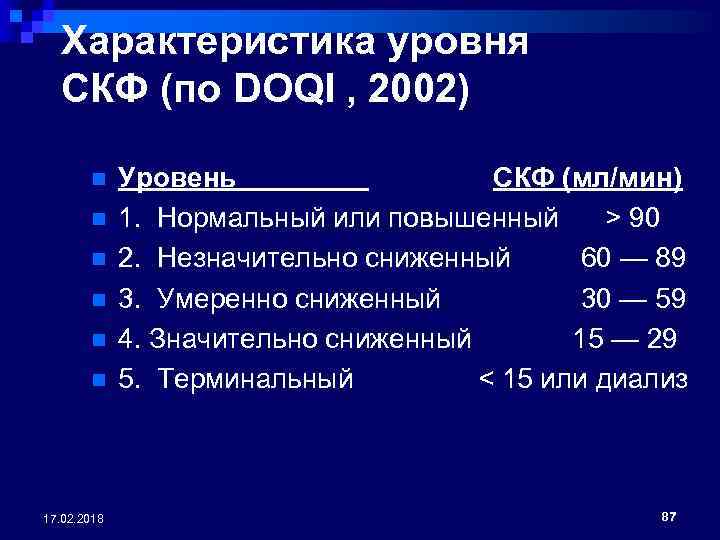 Характеристика уровня СКФ (по DOQI , 2002) n n n 17. 02. 2018 Уровень