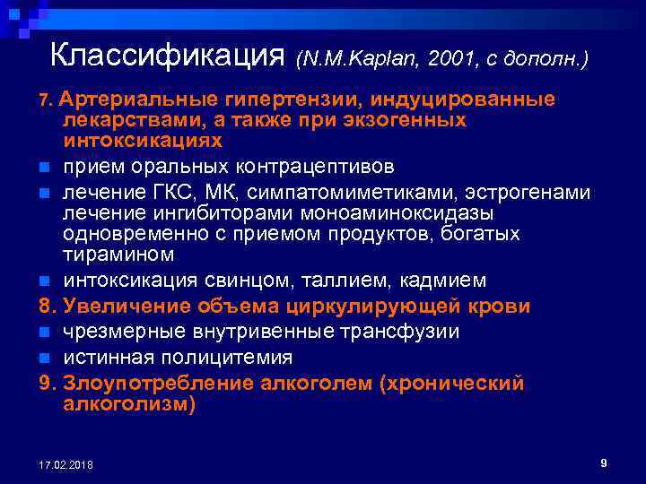 Классификация (N. M. Kaplan, 2001, с дополн. ) 7. Артериальные гипертензии, индуцированные лекарствами, а