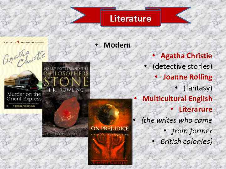 Literature • Modern • Agatha Christie • (detective stories) • Joanne Rolling • (fantasy)