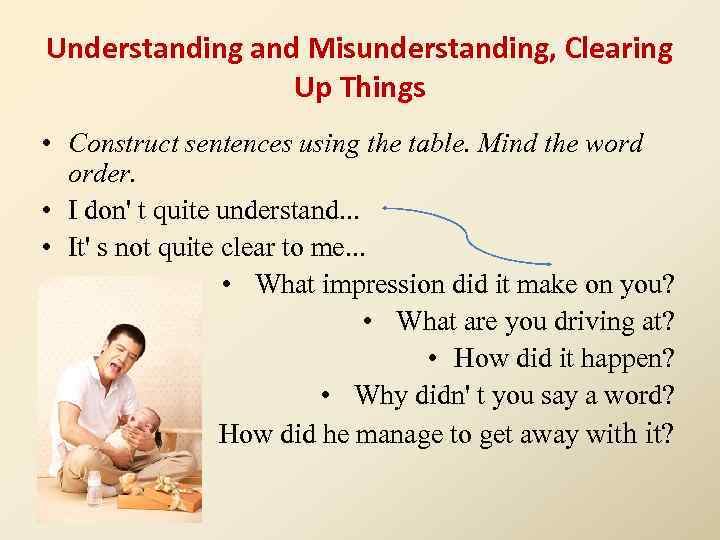 Understanding and Misunderstanding, Clearing Up Things • Construct sentences using the table. Mind the