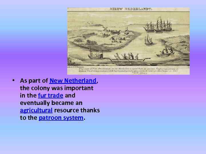 • As part of New Netherland, the colony was important in the fur