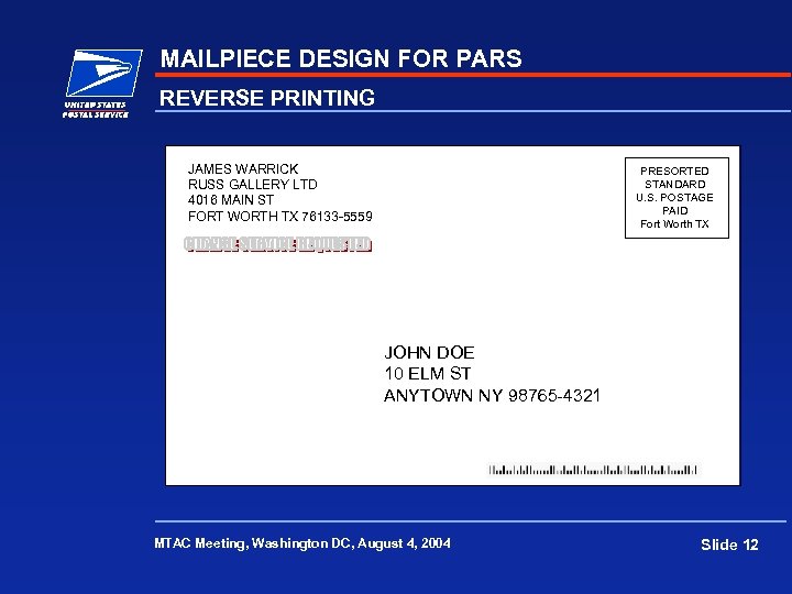 MAILPIECE DESIGN FOR PARS REVERSE PRINTING JAMES WARRICK RUSS GALLERY LTD 4016 MAIN ST