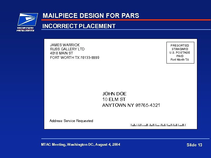 MAILPIECE DESIGN FOR PARS INCORRECT PLACEMENT JAMES WARRICK RUSS GALLERY LTD 4016 MAIN ST