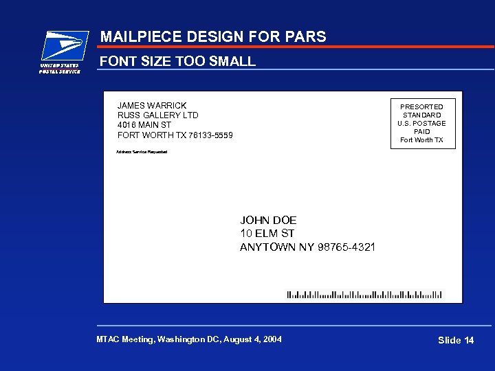 MAILPIECE DESIGN FOR PARS FONT SIZE TOO SMALL JAMES WARRICK RUSS GALLERY LTD 4016