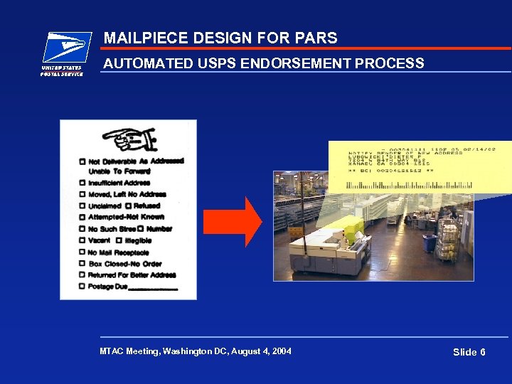 MAILPIECE DESIGN FOR PARS AUTOMATED USPS ENDORSEMENT PROCESS MTAC Meeting, Washington DC, August 4,